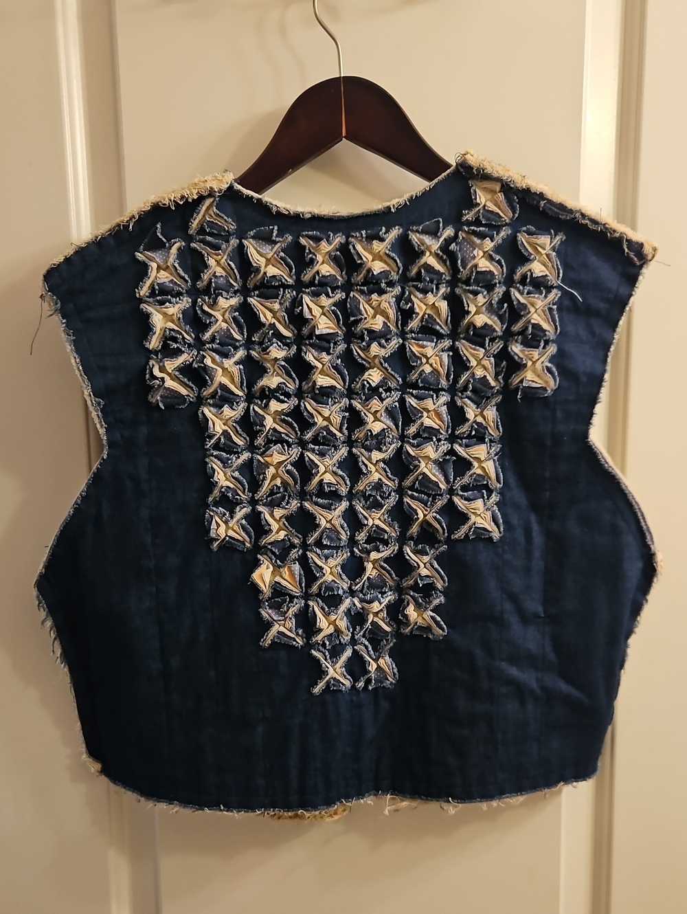 Handmade Denim Quilted Vest M/L Raw Edge Layered Patchwork Wearable Art - Picture 3 of 8